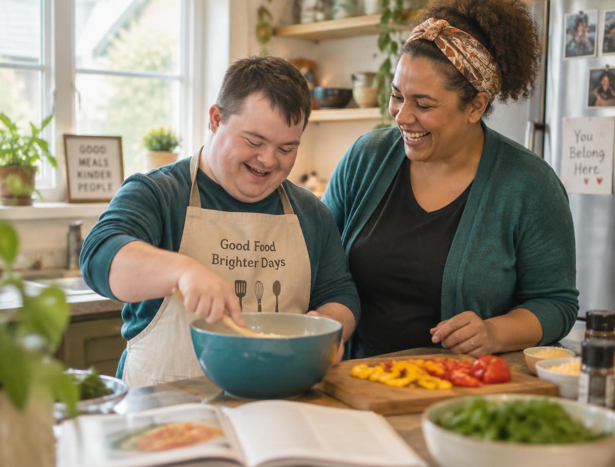 A support professional and a young man cooking together in a bright home kitchen