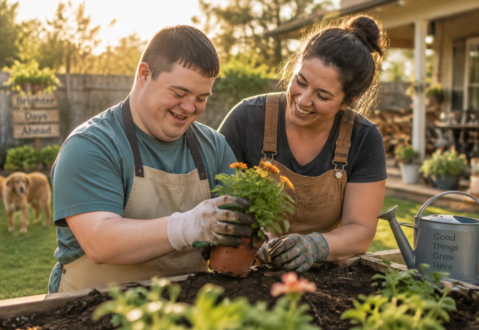 A young man and his support professional planting flowers together in a sunny backyard